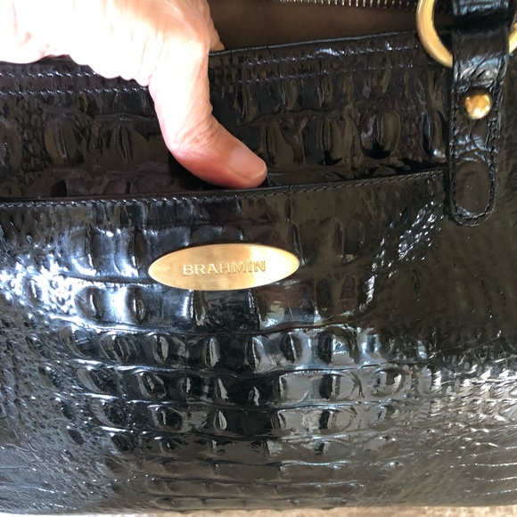 Black Brahmin Croc Embossed Satchel in EUC 14”W x 10” H x 4” D. Handle drop 10” - Picture 7 of 10
